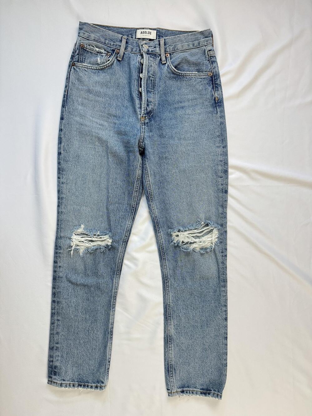 AGOLDE Riley Jeans Blue Straight Leg Button Fly Distressed Denim 25